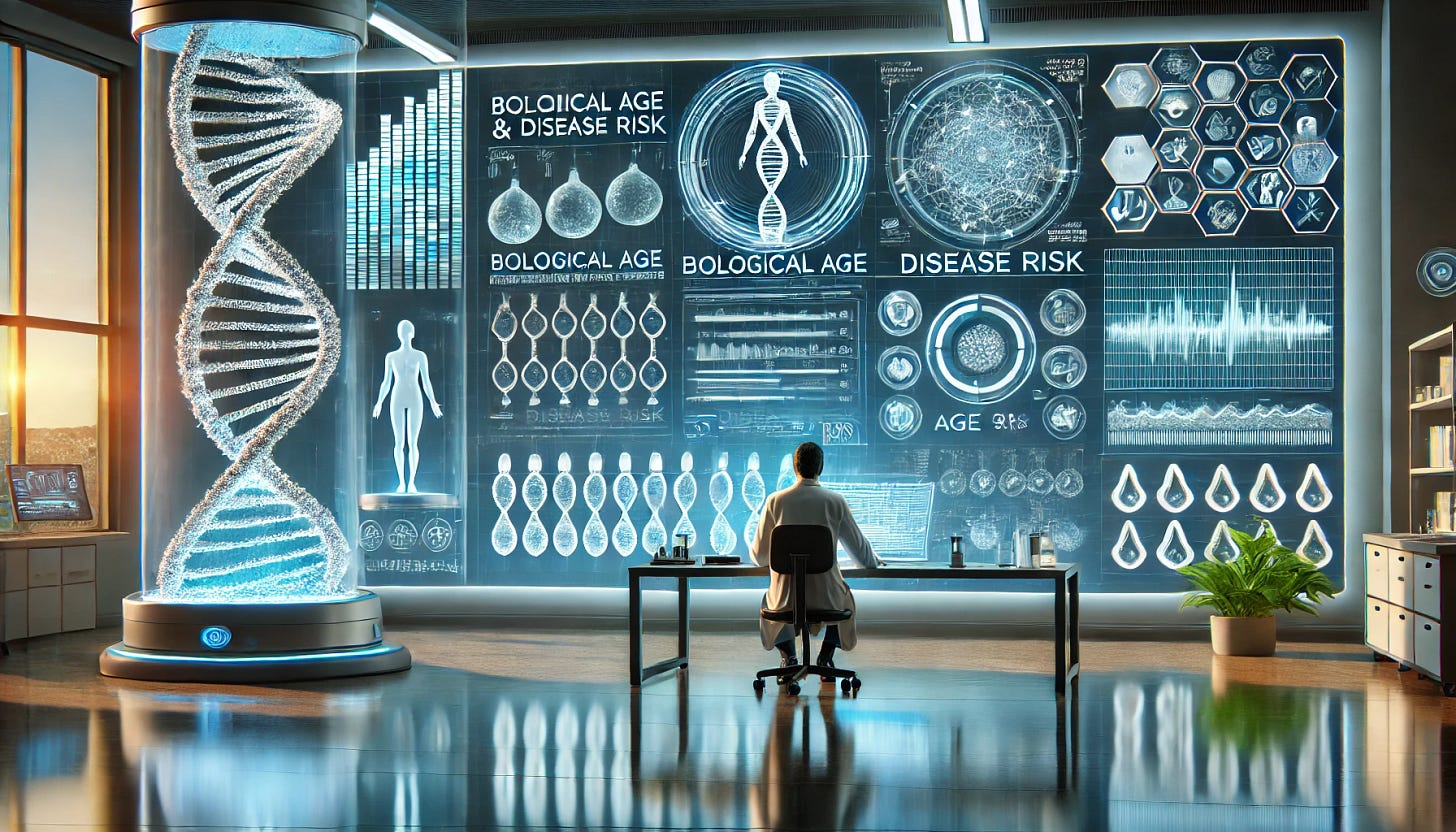 A visually captivating illustration showing a futuristic lab setup with a digital interface displaying DNA strands, methylation patterns, and health analytics. The scene includes a scientist analyzing biological age and disease risk on a large, high-tech screen. Around the scientist, holograms show DNA sequences, age clocks, and graphs predicting health outcomes. The atmosphere feels advanced and focused on personalized health and longevity research. Background elements subtly hint at a clinical environment with a modern, sleek design. Wide 16x9 format.