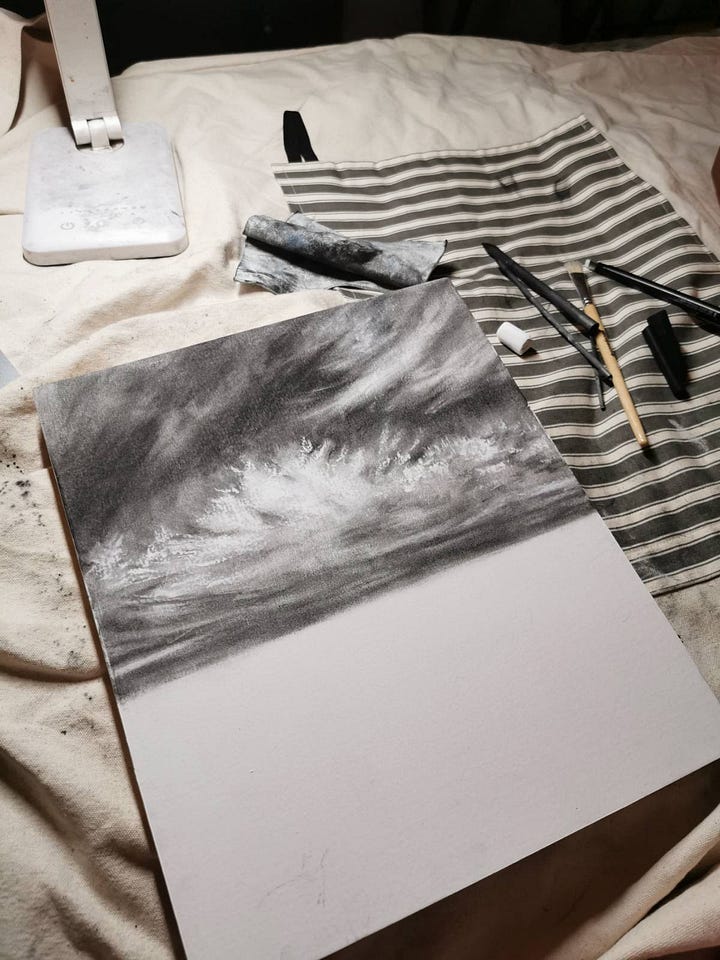 Charcoal drawings on wood panels.n 