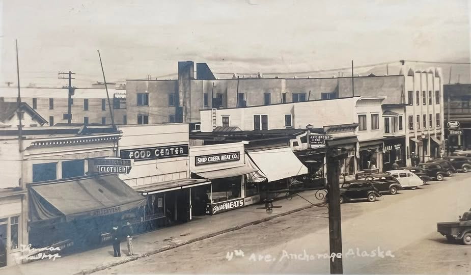 Ship Creek Meat Market on 4th Avenue in early Anchorage, Alaska.