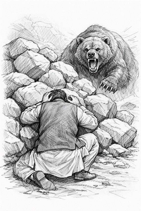 Man crouching before boulders