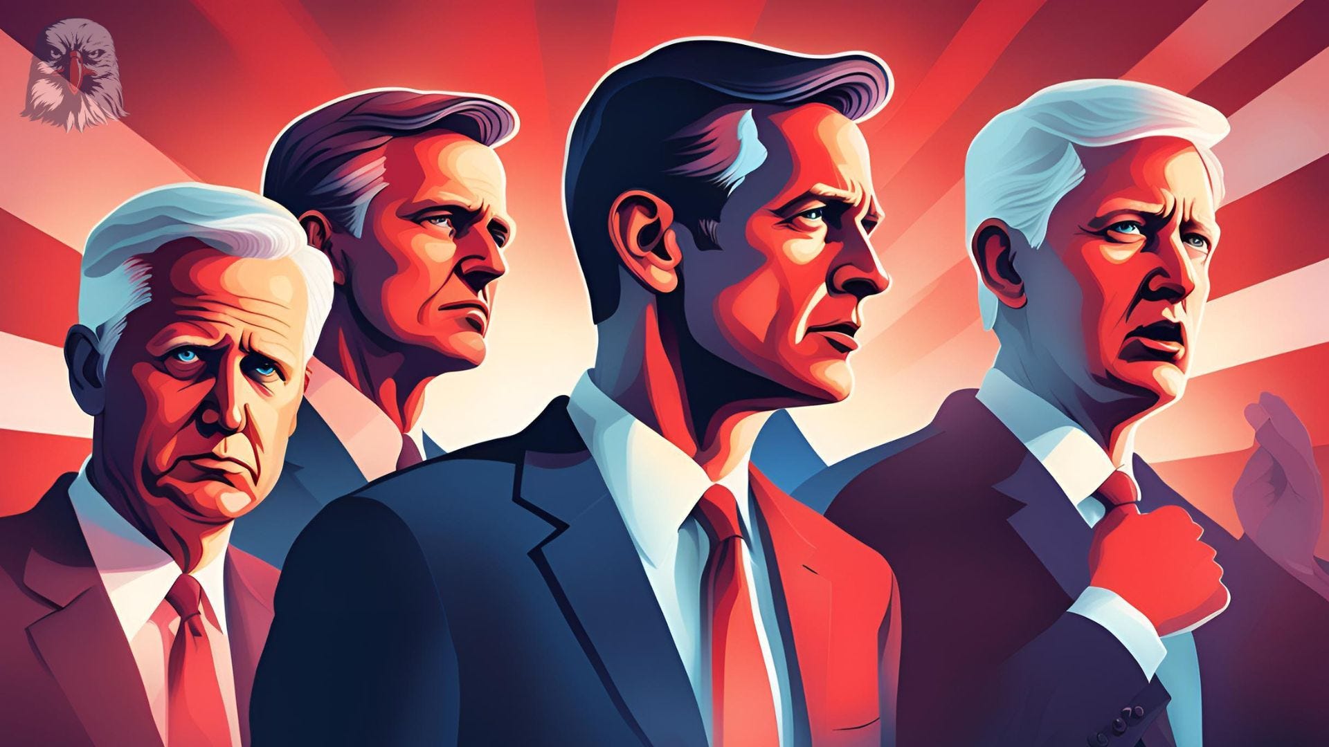 Stylized illustration of four determined politicians in suits, standing in profile against a bold red and blue backdrop with sharp rays emanating outward. An eagle emblem is subtly positioned in the top left corner, symbolizing strength and patriotism.