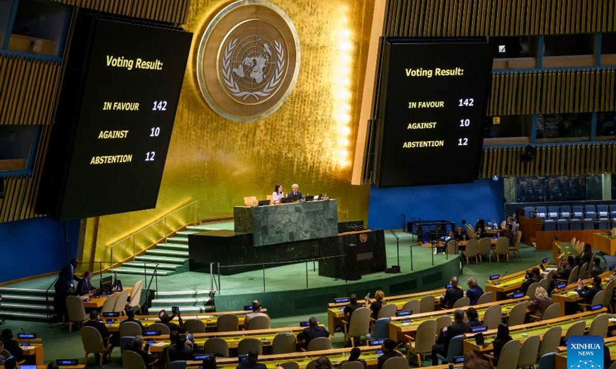 Voting results are displayed during a vote of the General Assembly at the UN headquarters in New York, Sept. 12, 2025. (Loey Felipe/UN Photo/Handout via Xinhua)