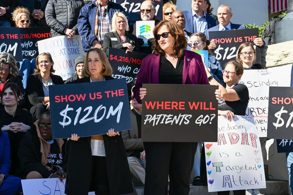 Florida State Representatives Robin Bartleman (left) and Christine Hunschofsky (right) stands with over 100 healthcare advocates from across the state, for the Fight for Our Lives Rally, on Tuesday, January 20, 2026 at the Florida State Capitol, in Tallahassee, Florida.
