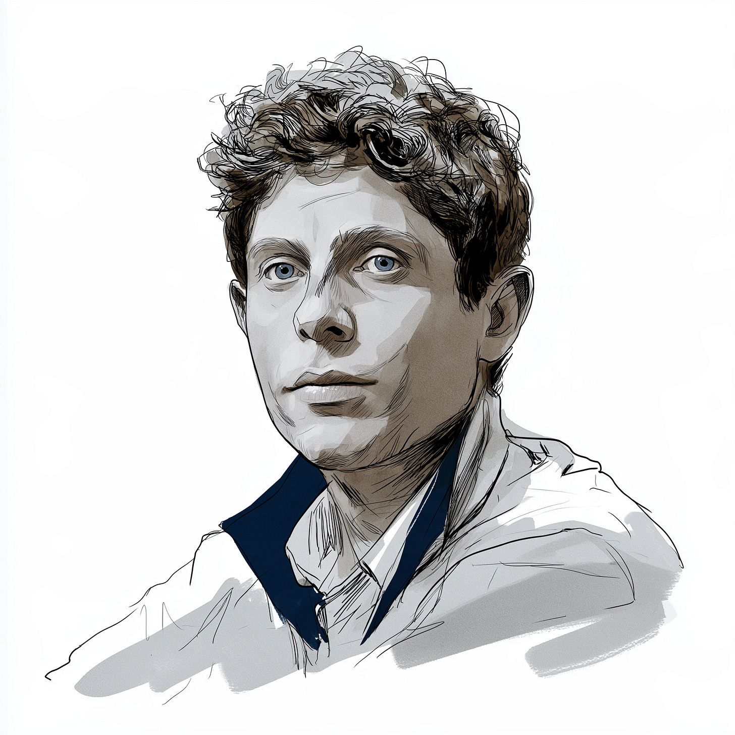 Editorial sketch of Sam Altman, short curly brown hair, slim build, clean-shaven, grayscale with navy accent