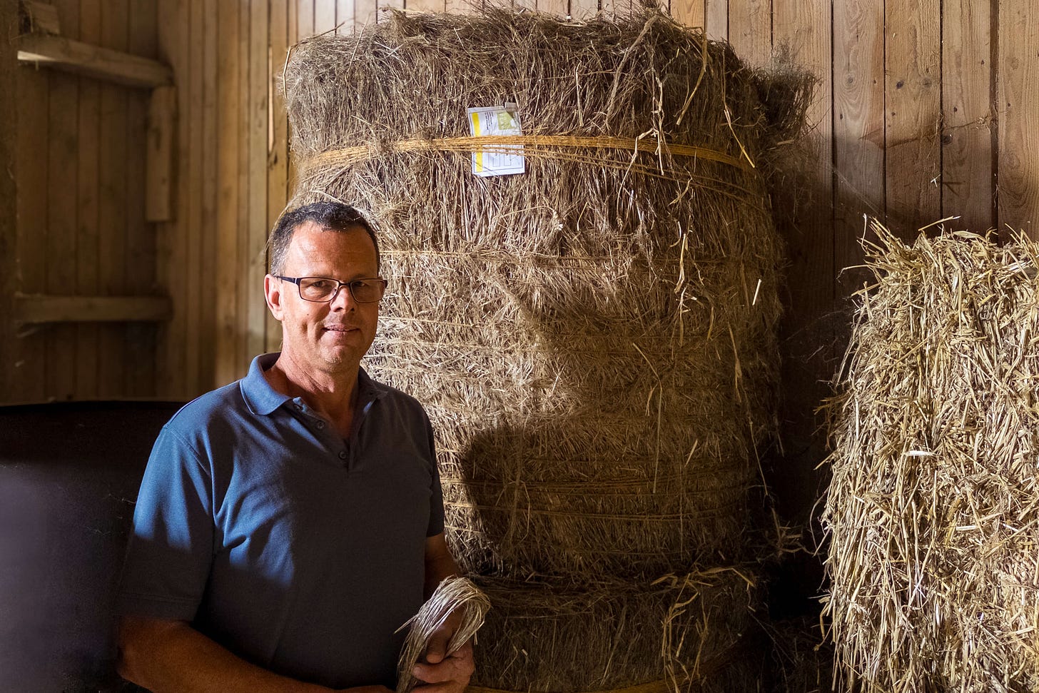 Adrian Brügger steht in einem Holzstall vor einem mannshohen, zylinderförmigen Ballen aus getrocknetem Flachsstroh; in der Hand hält er ein Bündel heller Flachsfasern. Adrian Brügger steht in einem Holzstall vor einem mannshohen, zylinderförmigen Ballen aus getrocknetem Flachsstroh; in der Hand hält er ein Bündel heller Flachsfasern.