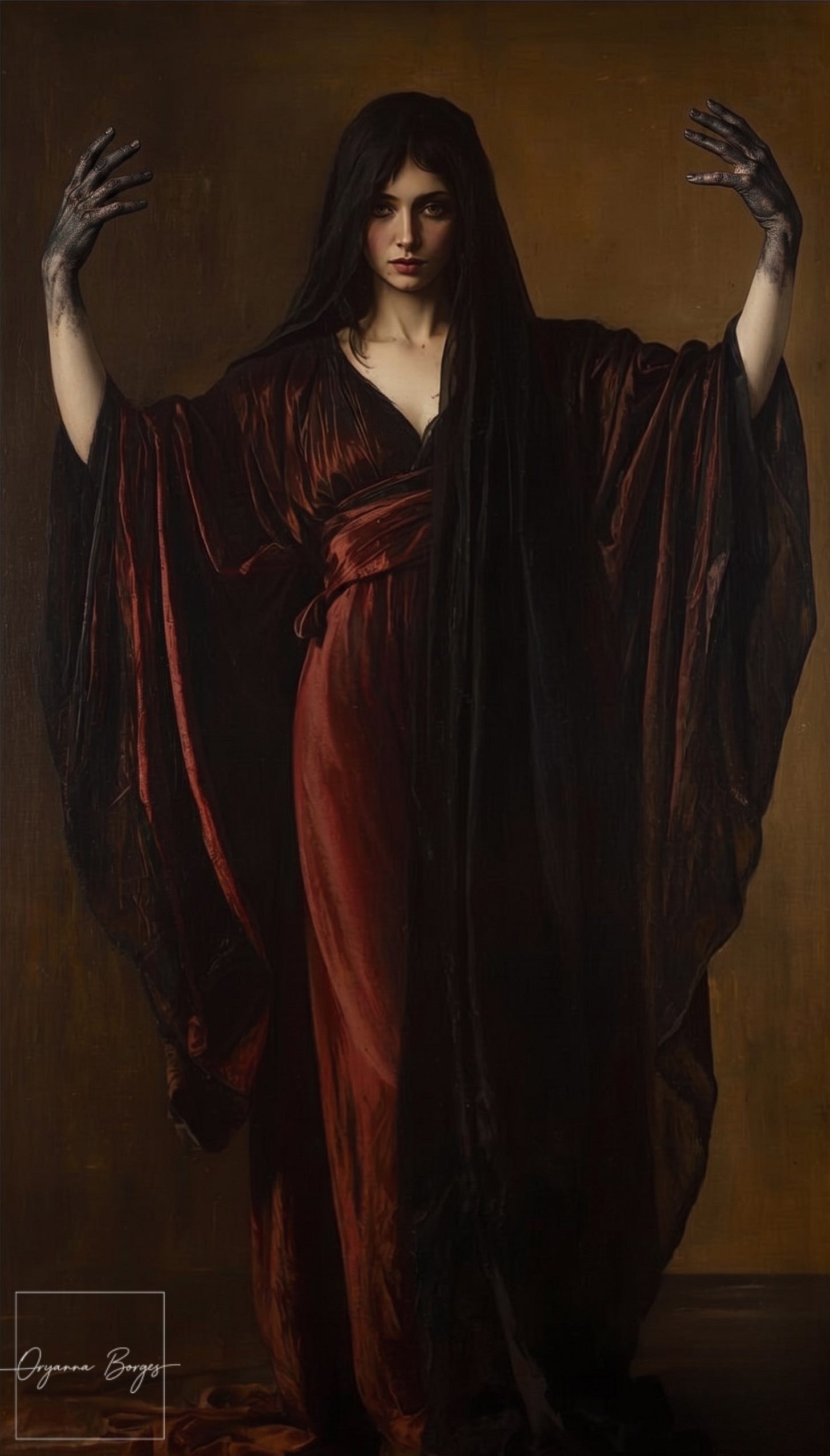 Pintura a óleo em estilo barroco com iluminação dramática em chiaroscuro, inspirada em Rembrandt. Uma mulher enigmática, de olhar expressivo e profundo, veste um longo véu preto que cobre parcialmente seus cabelos e trajes opulentos de veludo carmim e negro. Suas mãos e punhos estão completamente cobertos por uma pasta fosca de carvão preto, que acentua as dobras, falanges e a textura anatômica da pele, terminando de forma orgânica e esfumaçada logo acima do pulso. Seus braços estão erguidos em uma postura imponente e teatral de dança.