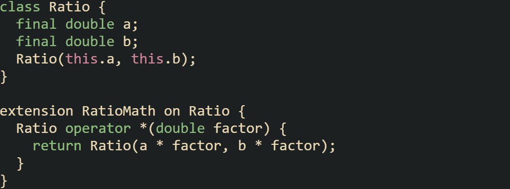class Ratio {   final double a;   final double b;   Ratio(this.a, this.b); }  extension RatioMath on Ratio {   Ratio operator *(double factor) {     return Ratio(a * factor, b * factor);   } }