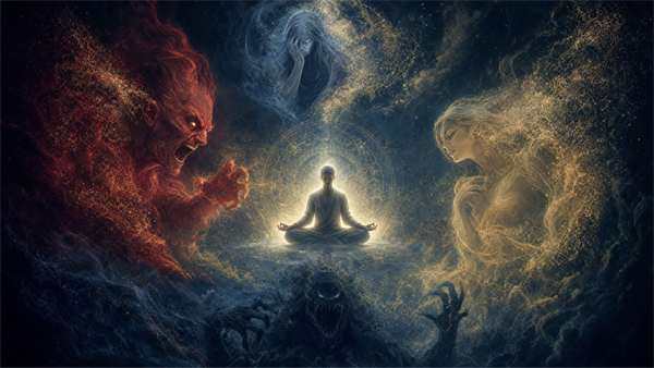 Title: Featured Image: A solitary figure in meditation surrounded by dissolving emotional apparitions - Description: Featured Image: A solitary figure in meditation surrounded by dissolving emotional apparitions