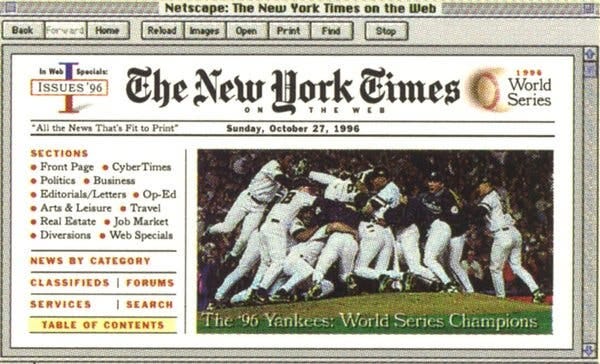 An early version of the New York Times home page with a lead image of the Yankees winning the World Series in 1996.