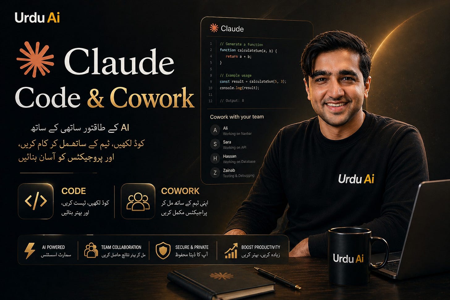 May be an image of ‎text that says '‎Urdu Ai Claude funetion.caiculateSun(a,) culatesun(a, result Claude Code & Cowork talculatesun(5 guresult); کے ساتھی طاقتور کے AI کر ساتهمل ٹیم لکھیں کود جیکٹس Cowork with your eam اسان Ali اور Sara Hassan CODE Zainab </> COWORK اپنتیمکےساتھمل_کور چبگٹس بر Urdu Ai AI POWERED اسمننس سمارت TEAMCOLLABORATION TEAM COLLABORATION نینرانچحاصلر تربيترا SECURE&PRIVATE SECURE& PRIVATE ابکادینامخفود معر BODST PRODUCTIVITY BOOSTPRODUCTIVITY WITY د زیاده 구 Urdu Ai‎'‎