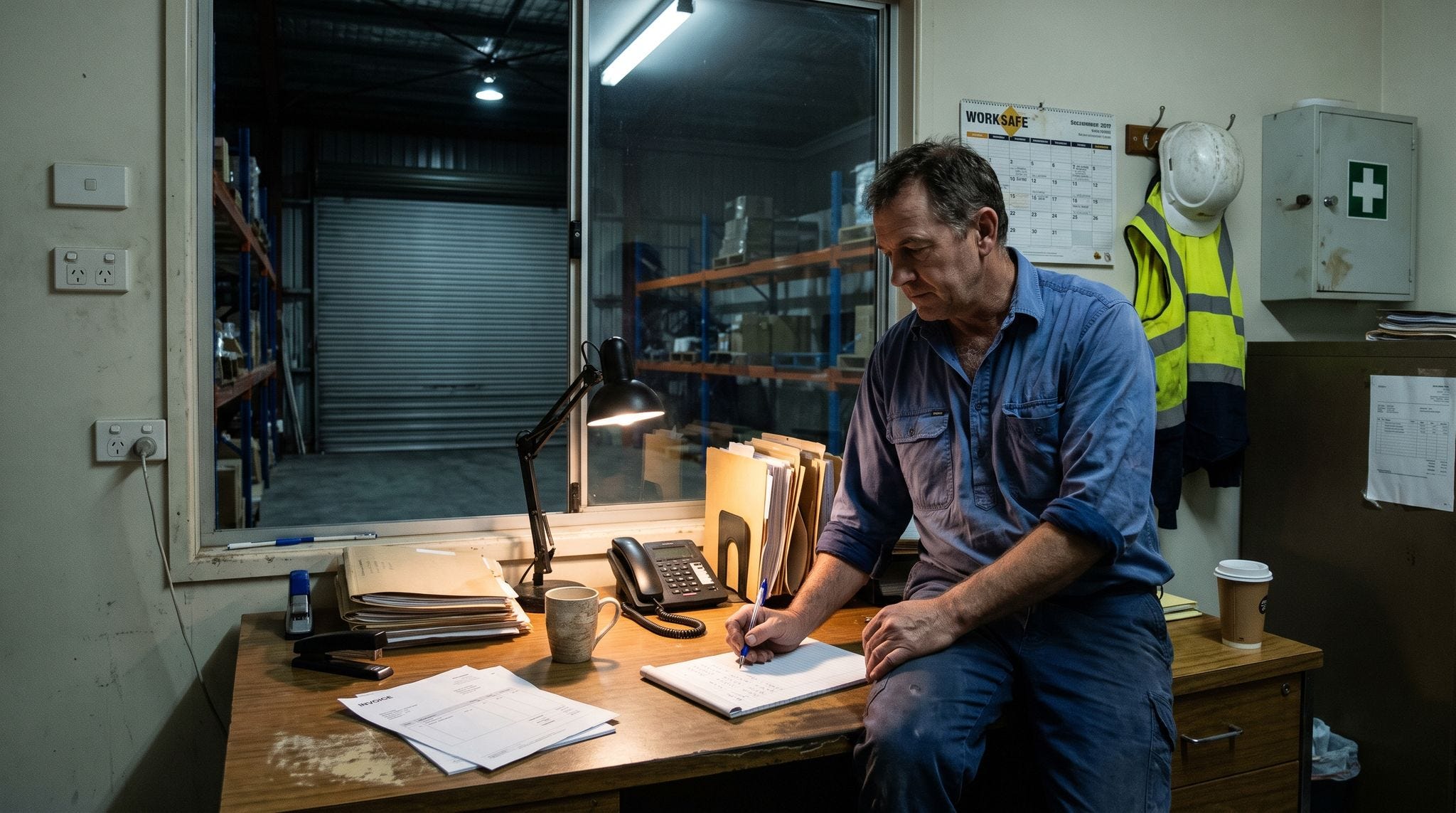 An owner alone in his warehouse office after hours, looking down at a short column of figures he has just worked out, the empty warehouse dark behind him. An owner alone in his warehouse office after hours, looking down at a short column of figures he has just worked out, the empty warehouse dark behind him.