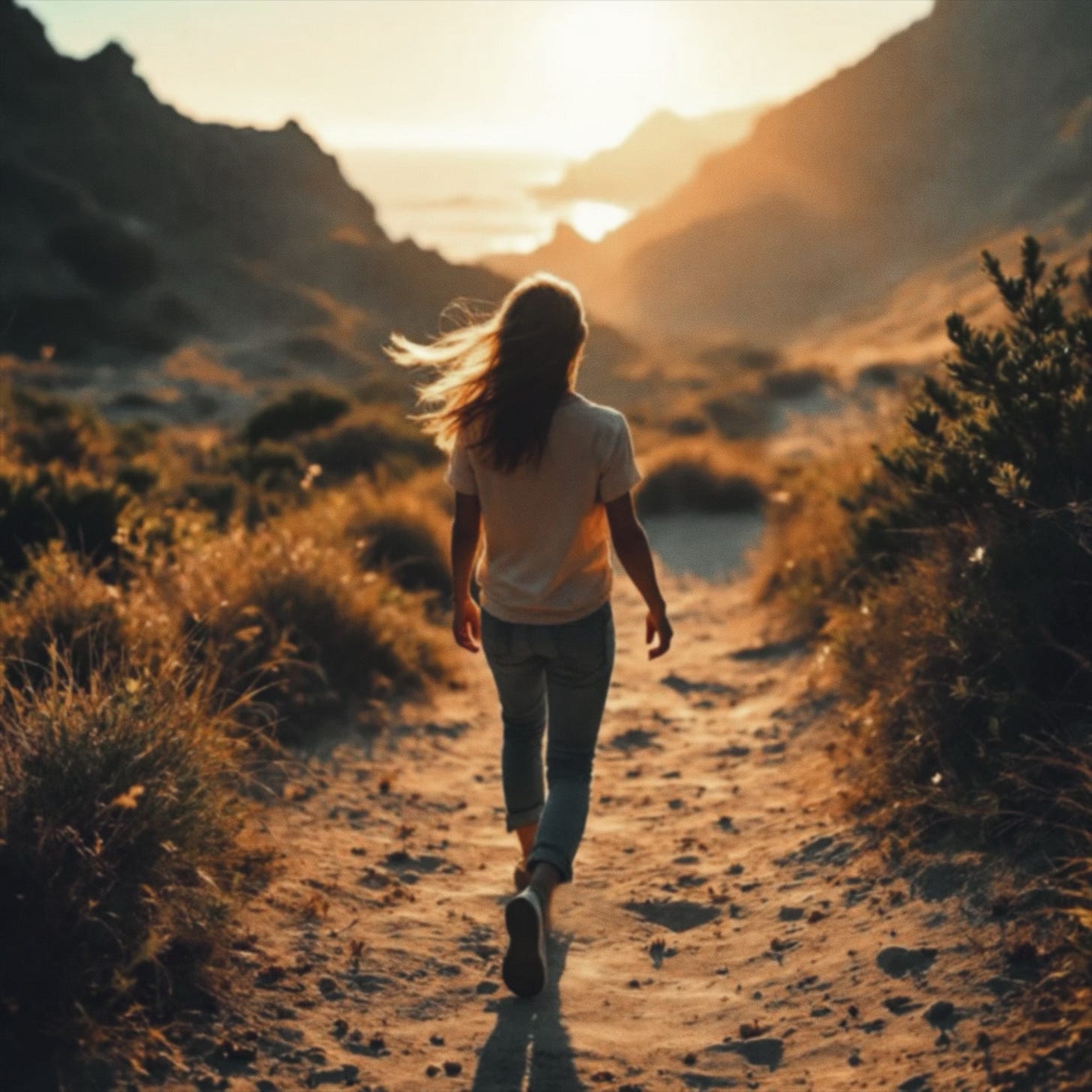 Person walking alone along a sunlit coastal cliff trail at golden hour, heading toward a clear open horizon. Calm ocean light, steady posture, quiet forward movement. Symbol of clarity, direction, and chosen path.