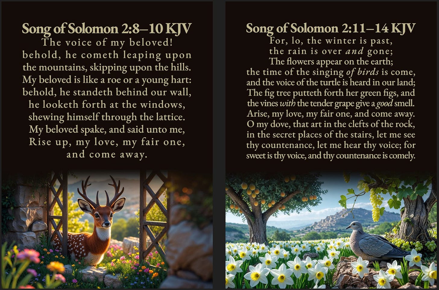 A two-panel card design featuring verses from the Song of Solomon. The left panel pairs verses 2:8–10 with an image of a young stag looking through a garden gate. The right panel pairs verses 2:11–14 with an idyllic spring scene featuring a turtledove in a field of daffodils, with a fig tree and grapevine nearby.