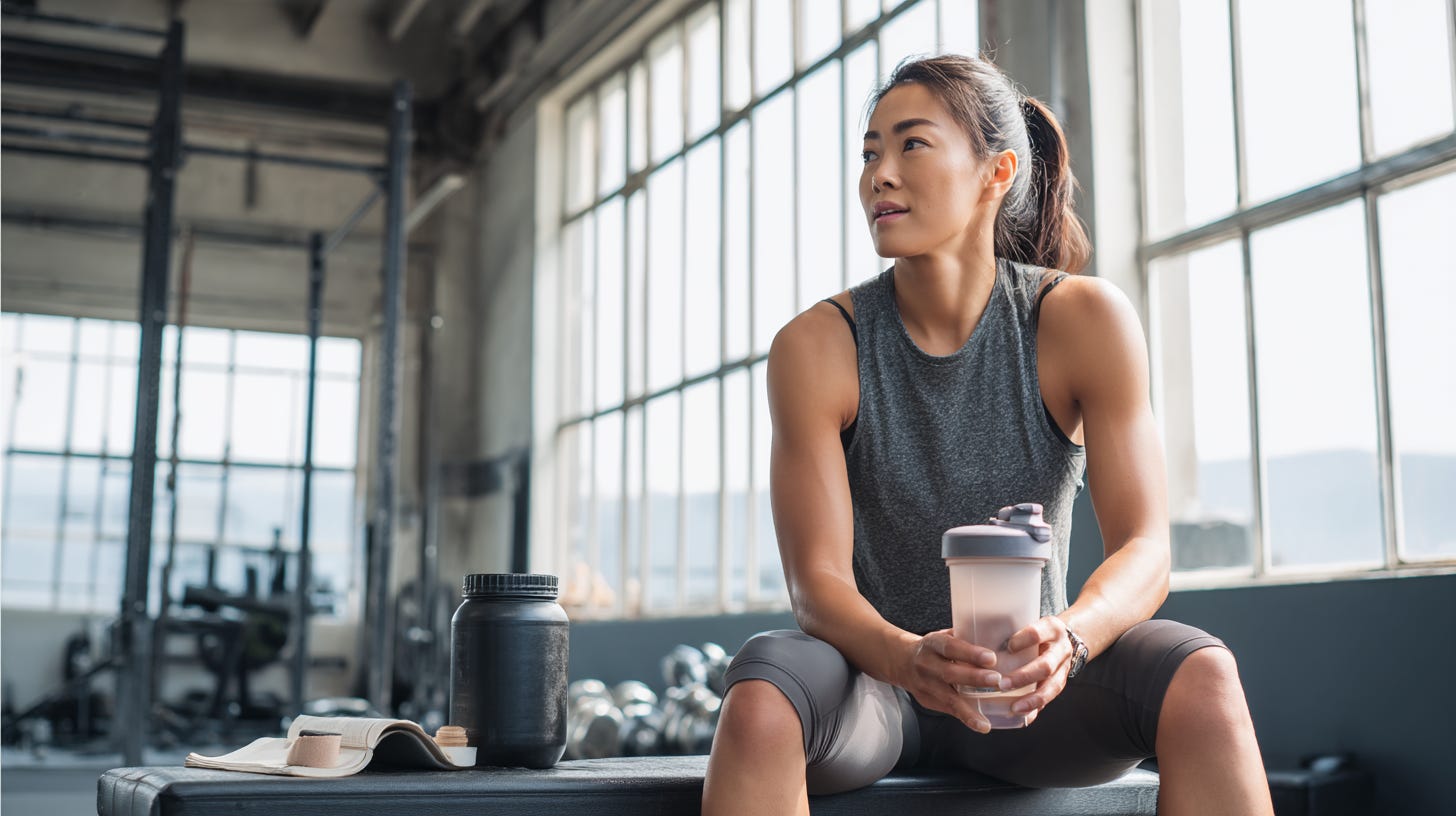 Fit woman having a post workout shake in the gym after a training session.