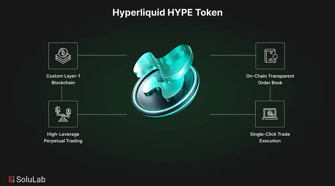 Visual diagram explaining the Hyperliquid HYPE token, showing its connection to the custom Layer-1 blockchain, high-leverage perpetual trading, transparent on-chain order book, and single-click execution features.