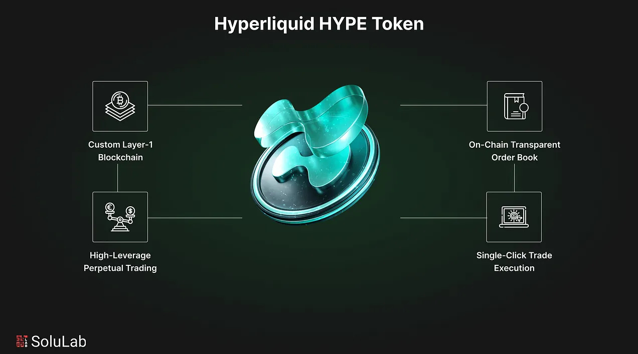 Visual diagram explaining the Hyperliquid HYPE token, showing its connection to the custom Layer-1 blockchain, high-leverage perpetual trading, transparent on-chain order book, and single-click execution features.