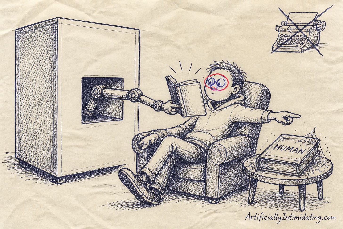 Hand-drawn editorial cartoon: a reader sunk in an armchair, absorbed in a book handed over by a robotic arm from a vending machine, while pointing at a dusty, cobwebbed book labeled HUMAN on the side table.