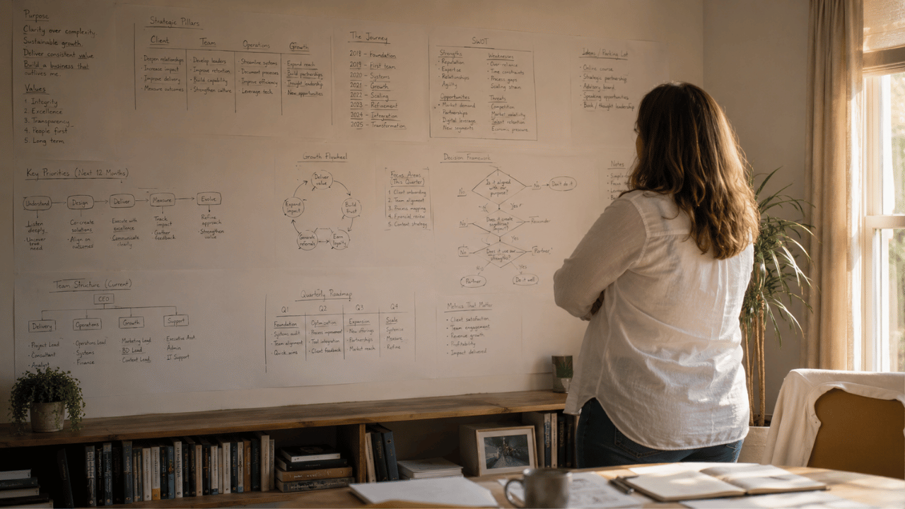 An independent consultant stands back from her mind palace, a wall covered in hand-written frameworks, roadmaps and decision flows, the kind of hard-won thinking people ask to pick at for free.