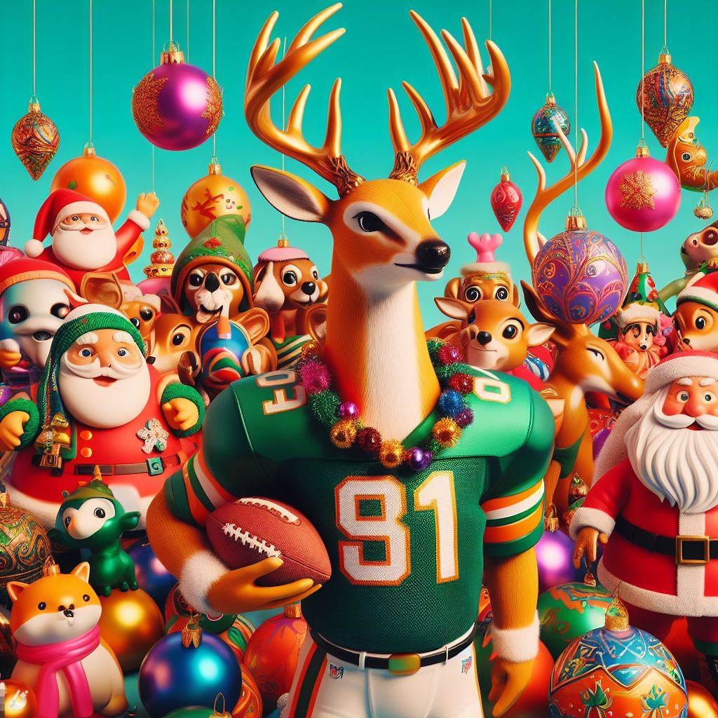 colorful festive, highly detailed gaudy, ornaments and an antelope dressed as an NFL player and santa clause, 1970s classic animation, stop motion, feast of the seven fishes, centered early 3D animation, three dimensional 1980s animation, cute funny, cheesy, Italian