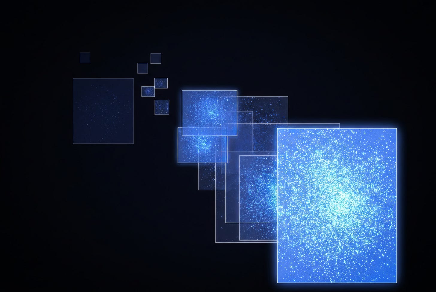 Translucent blue rectangles of different sizes overlapping on black, the largest glowing brightest.