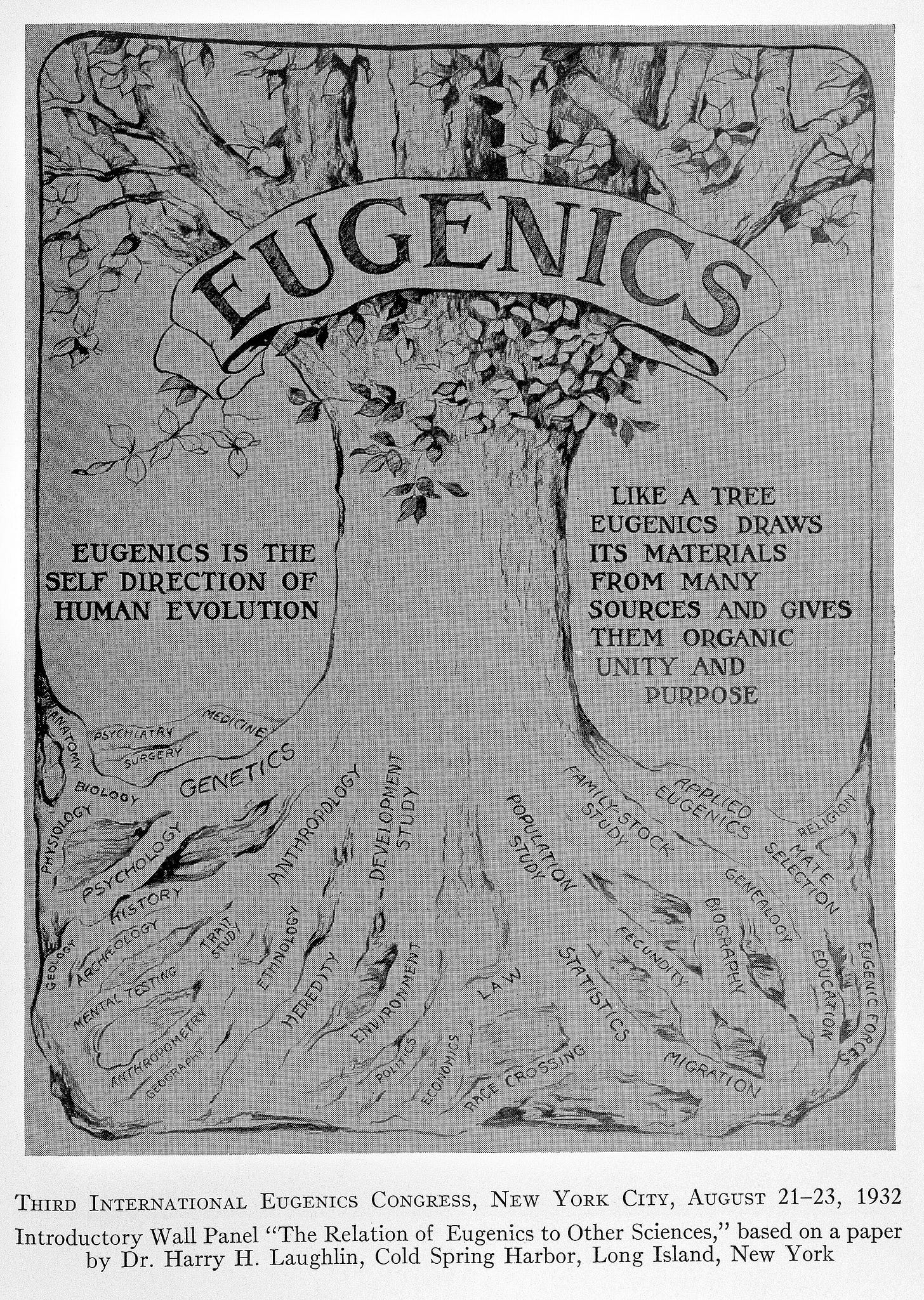 A decade of progress in Eugenics. Scientific papers of the Third International Congress of Eugenics held at American Museum of Natural History, New York, August 21-23, 1932. Baltimore: The Williams & Watkins company, 1934. Wall panel showing "The Relation of Eugenics to Other Sciences", based on a paper by Dr. Harry H. Laughlin. 