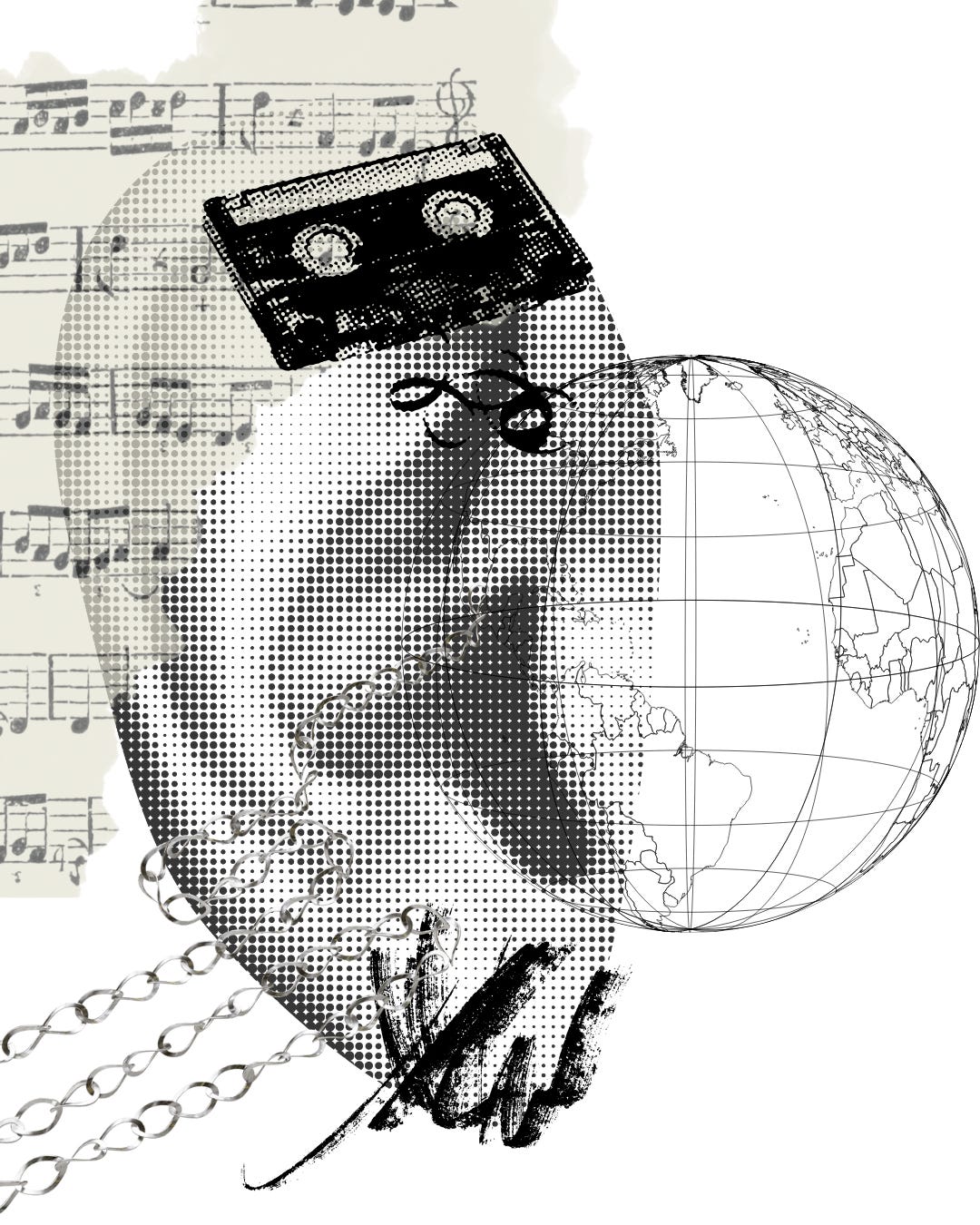 A black and white collage with an ear, a cassette tape slightly unraveling, a music sheet, and a faint simple global in the background. A black and white collage with an ear, a cassette tape slightly unraveling, a music sheet, and a faint simple global in the background.