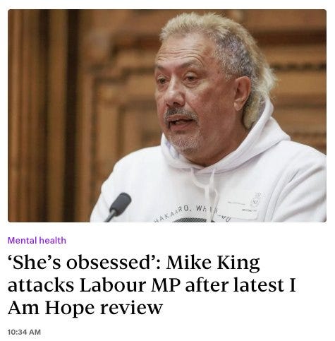 Headline: "'She's obsessed': Mike King calls out Labour MP after latest I Am Hope review." Headline: "'She's obsessed': Mike King calls out Labour MP after latest I Am Hope review."