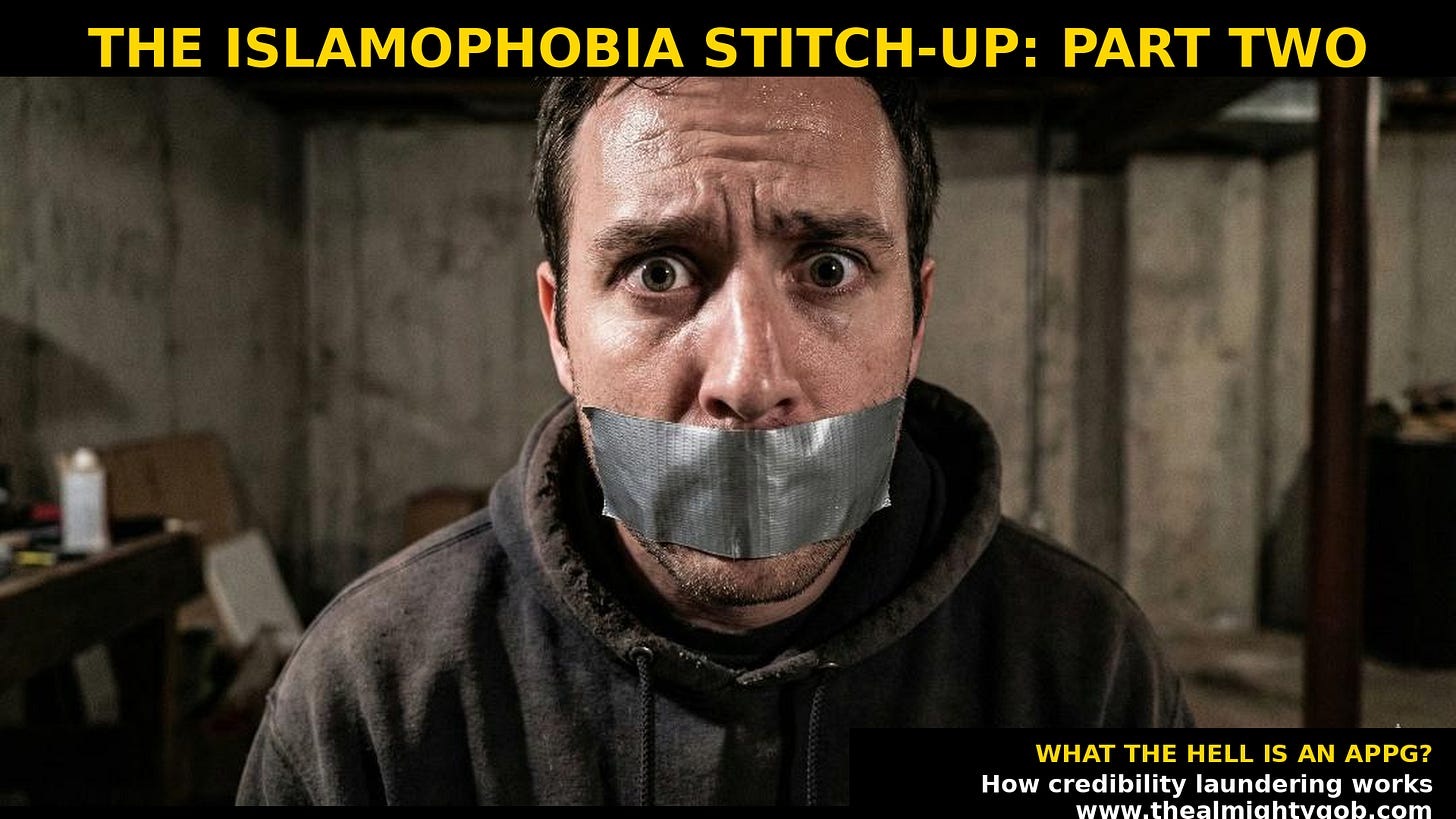 Islamophobia investigation Part 2: gagged person symbolising silenced voices in APPG consultation process. All-Party Parliamentary Groups credibility laundering activist demands into official policy whilst excluding Sikhs, Hindus, and dissenting communities from anti-Muslim hatred definition consultation. Islamophobia investigation Part 2: gagged person symbolising silenced voices in APPG consultation process. All-Party Parliamentary Groups credibility laundering activist demands into official policy whilst excluding Sikhs, Hindus, and dissenting communities from anti-Muslim hatred definition consultation.
