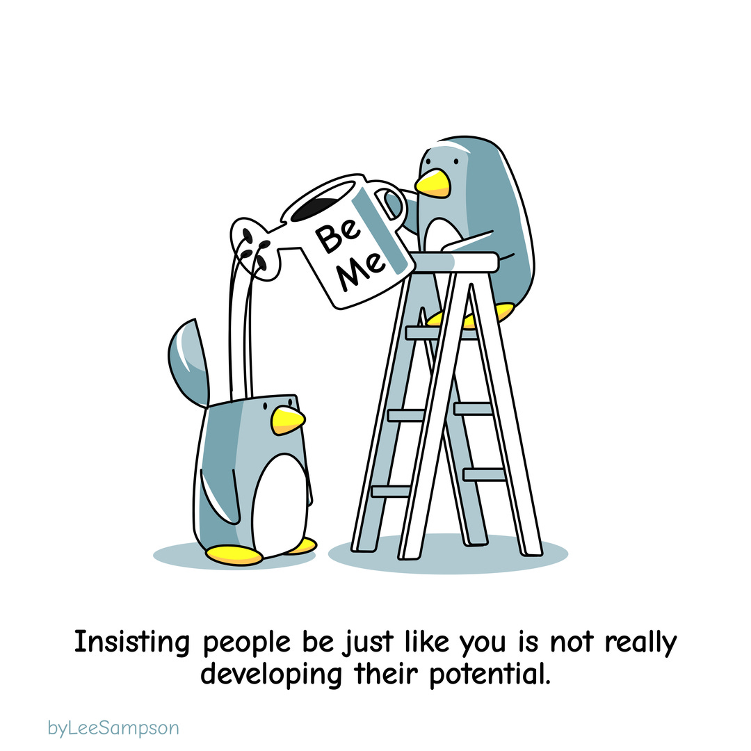 A leadership cartoon about coaching not cloning featuring penguins by Lee Sampson.
