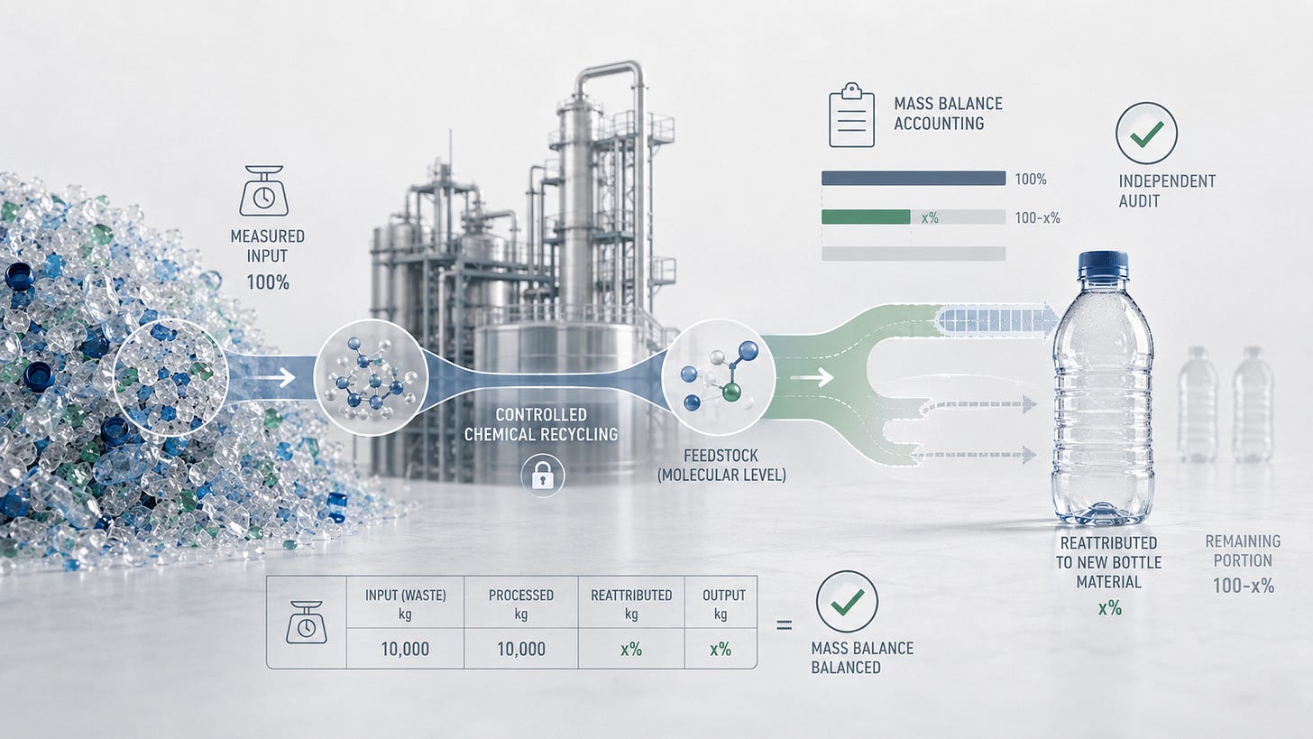 Schema bilanțului de masă pentru reciclarea chimică: deșeuri din plastic, proces industrial, materie primă și cantitate atribuită unei sticle noi.