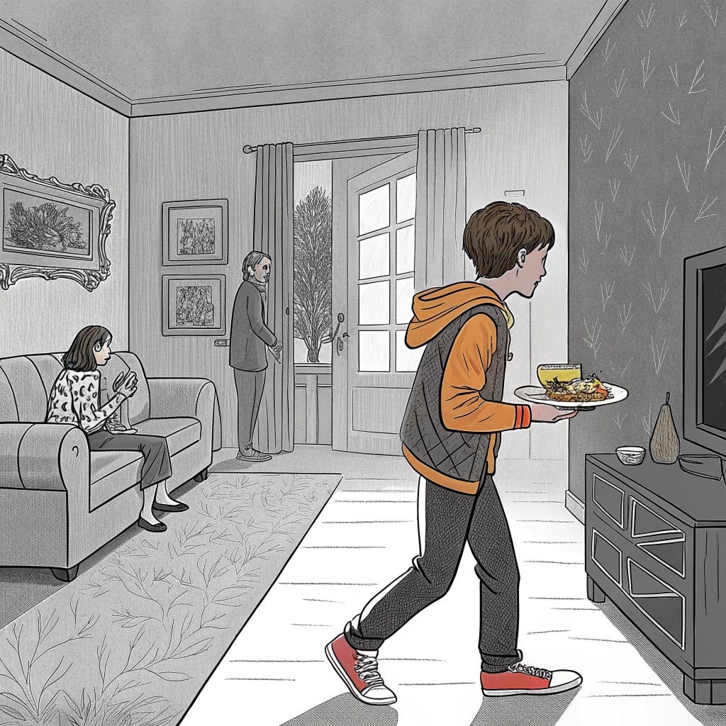 Illustration of Tommy still in colour & the rest at home in black & white