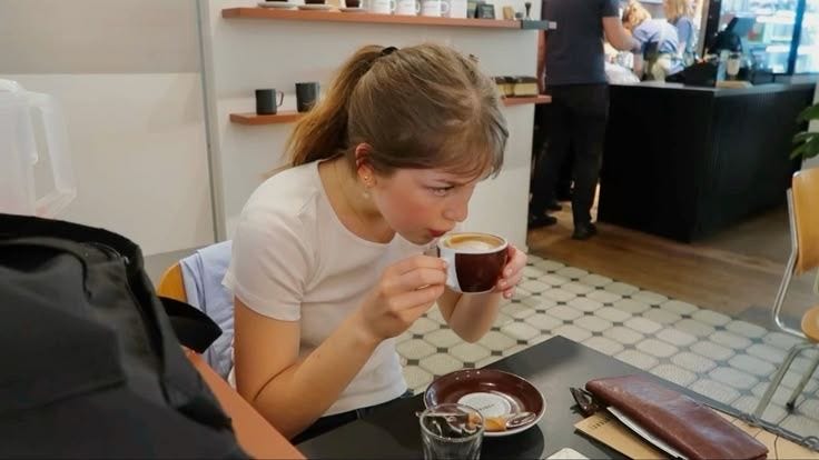 This may contain: a woman sitting at a table with a cup of coffee