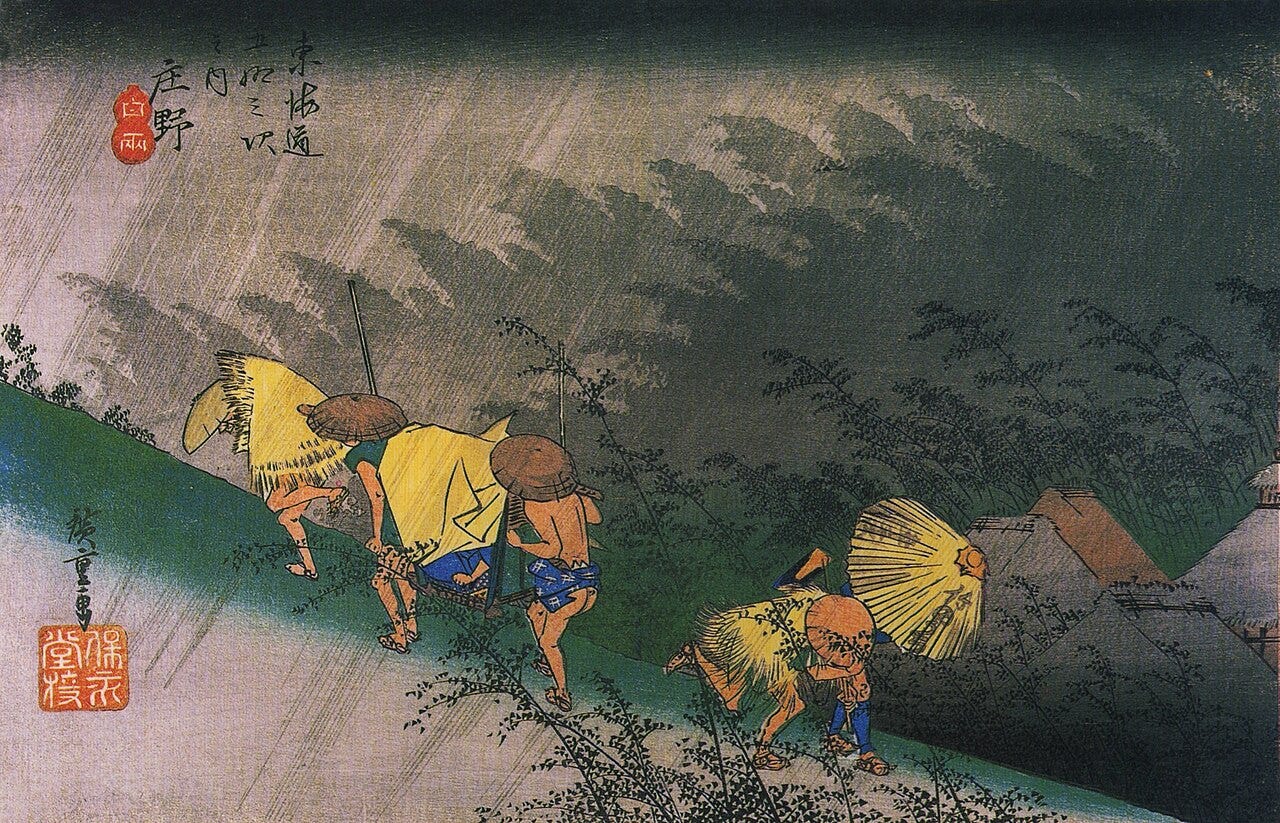 Hiroshige travellers in sudden rain at Shono Hiroshige travellers in sudden rain at Shono