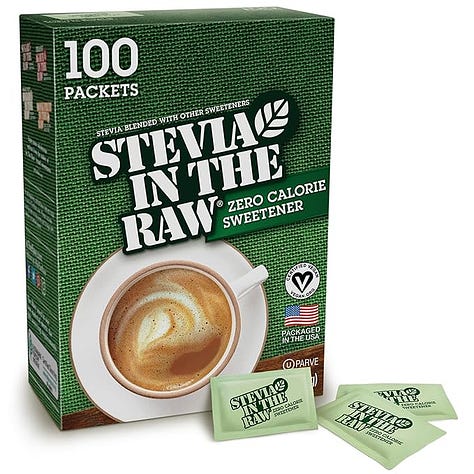 Several brands of highly processed Stevia from online food retailers.