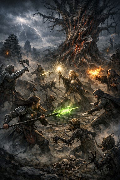 Party fighting the denizens of Yester Hill — a Barovian Gothic battle scene. The storm rages overhead, lightning illuminating a grove of twisted trees and cairns. Fleetwood swings his battleaxe against blights and druids, Silverleaf’s spear glows with green flame, Clarion channels divine light, Felonious casts fire, Greegan darts through shadows with daggers, and Ireena’s Sun Sword shines golden. The Gulthias Tree looms in the background, bleeding sap as roots lash out. Mist and rain swirl around the combatants.