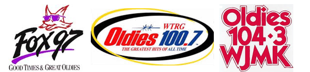 Logos for Fox 97 (WFOX) Atlanta, Oldies 100.7 (WTRG) Raleigh, and Oldies 104.3 (WJMK) Chicago