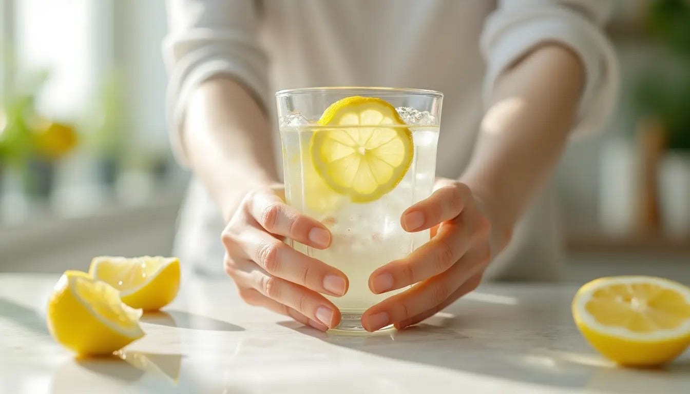 Hands holding a clear glass of water with fresh lemon slice in bright natural morning light