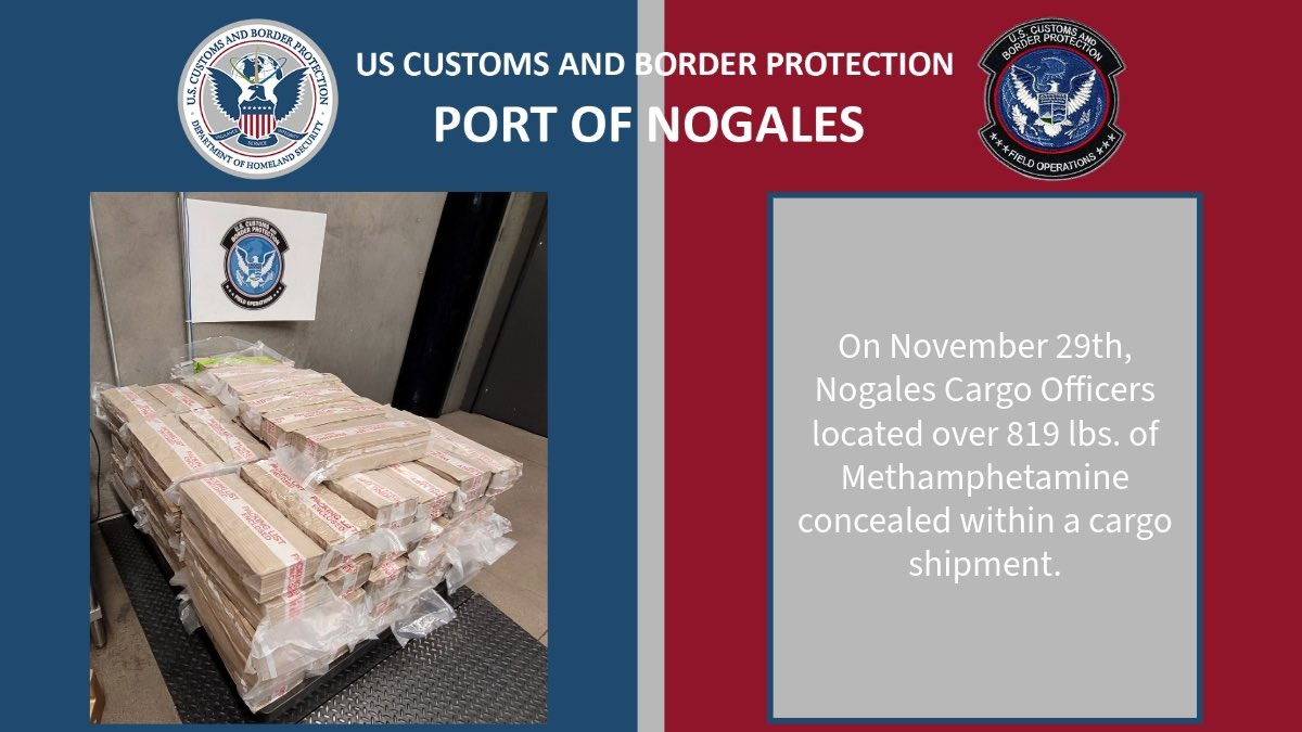 CBP Officers seized more than 819 pounds of meth hidden in a cargo shipment in Nogales on November 29, 2025. CBP Officers seized more than 819 pounds of meth hidden in a cargo shipment in Nogales on November 29, 2025.