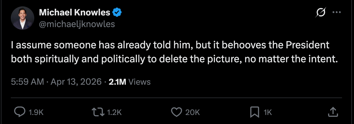 Michael Knowles: I assume someone has already told him, but it behooves the President both spiritually and politically to delete the picture, no matter the intent.