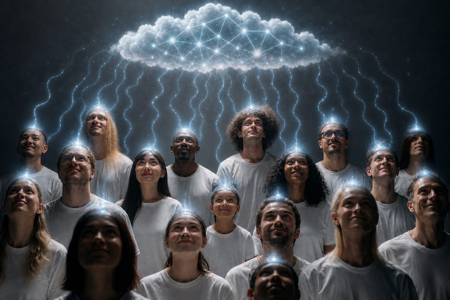 A group of humans in the future looking up and waiting to receive a download into their brains from the internet “cloud” above. A group of humans in the future looking up and waiting to receive a download into their brains from the internet “cloud” above.