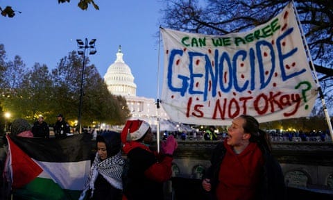 ‘Words matter in war’: Supporters of Palestinians in Gaza protest outside the annual Christmas tree lighting ceremony at the U.S. Capitol in Washington