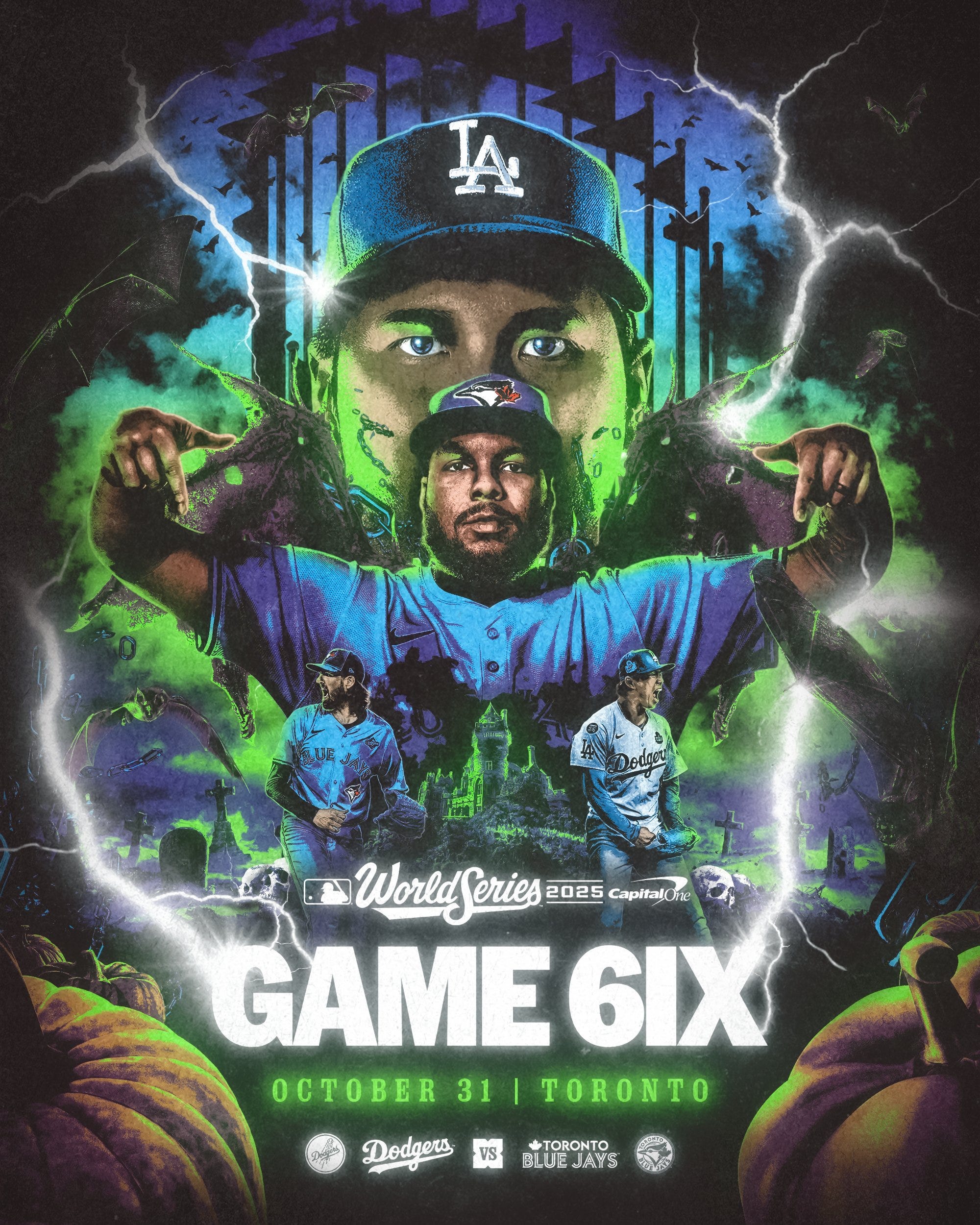 World Series 2025 Presented by Capital One
Game 6ix
October 31 | Toronto
Dodgers vs. Blue Jays
Pictured: Images of Shohei Ohtani, Vladimir Guerrero Jr., Kevin Gausman, and Yoshinobu Yamamoto in various action poses. The World Series trophy and other halloween-related items sit in the background.