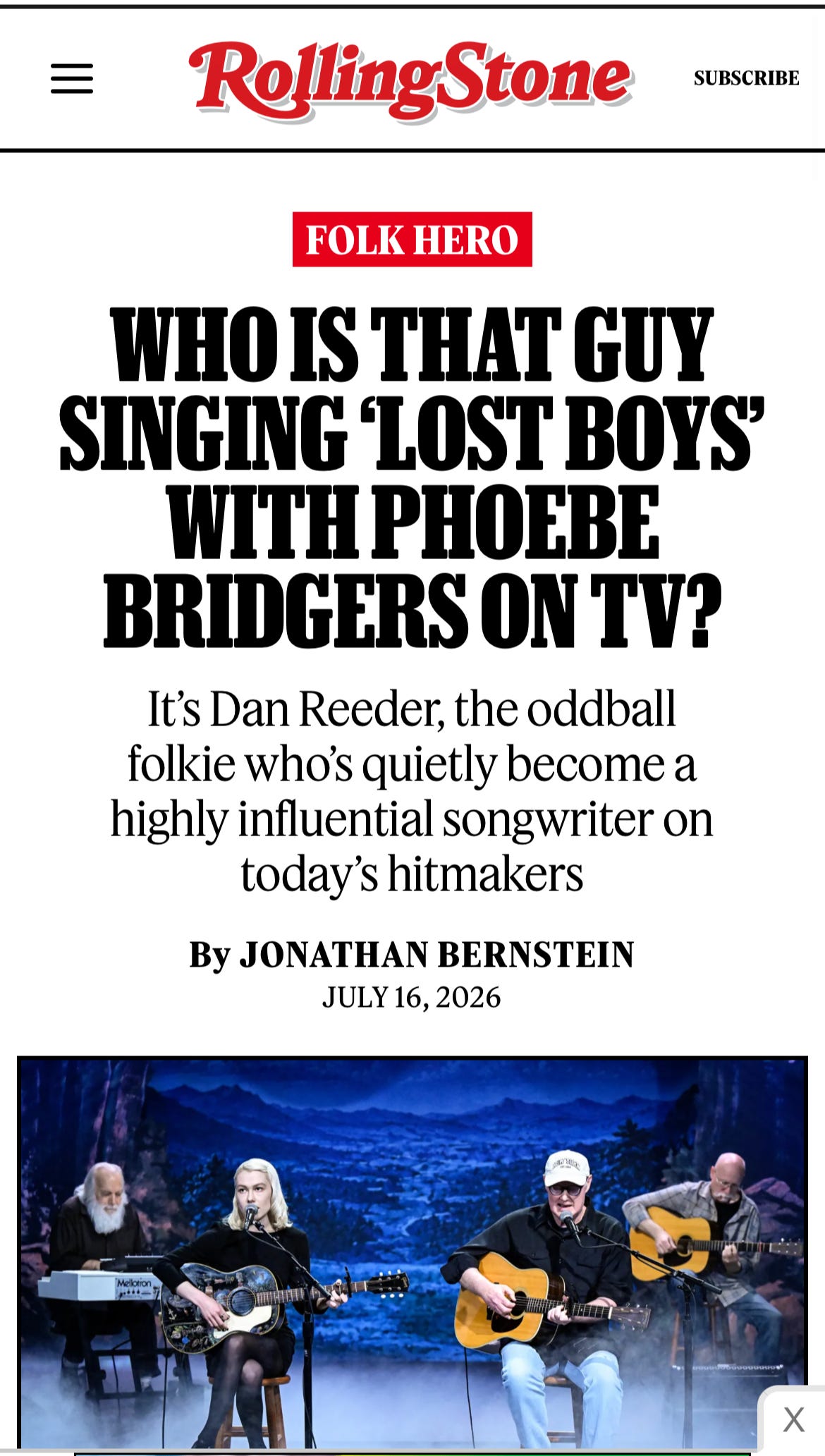 a screenshot of a rolling stone article entitled "who is the guy singing 'lost boys' with phoebe bridgers on tv? It identifies him as Dan Reeder, a folk musician who  has become influential with younger artists