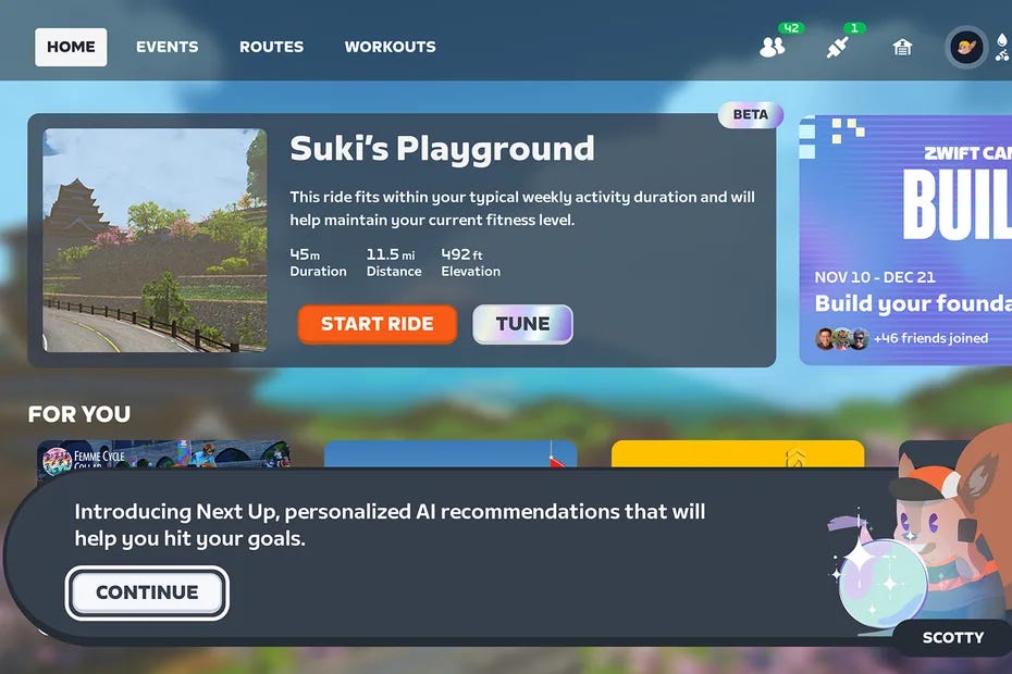 AI ride recommendations on Zwift