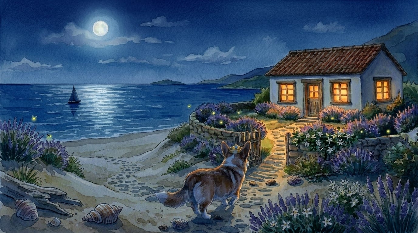 Prince Freddie returns home to his warm-windowed cottage on the Spanish coast at the close of a sleepcast.