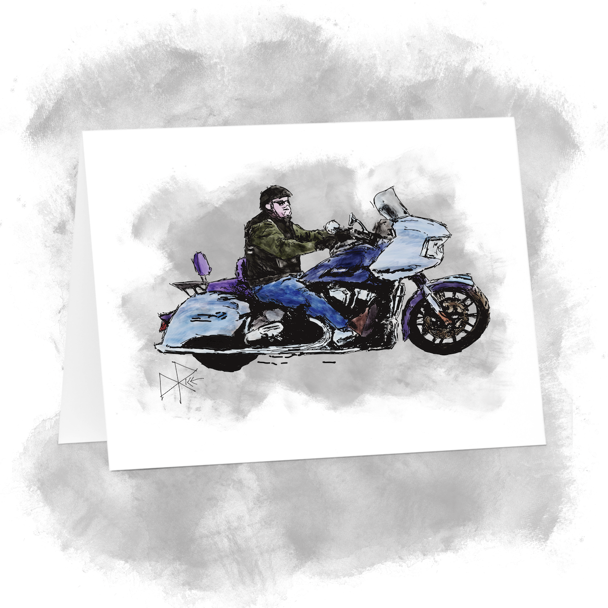 A man riding on a blue and purple motorcycle, looking happy to be on the road. Sketch art by Don Rice.