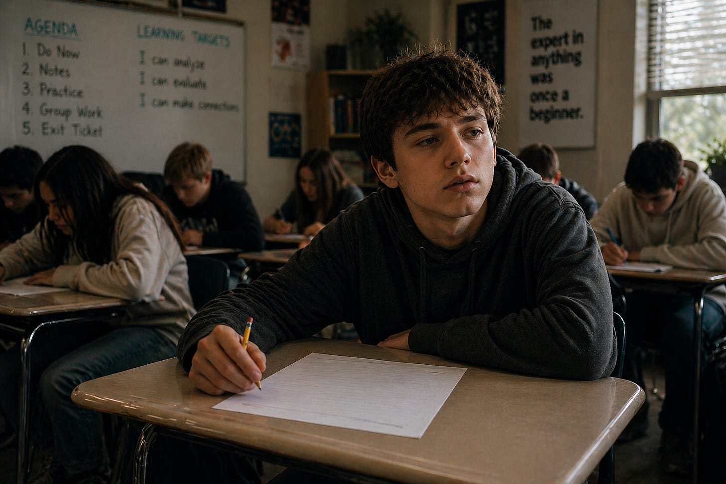 A high school student sits at a desk with a blank worksheet and pencil in hand while other students work around him in a classroom.