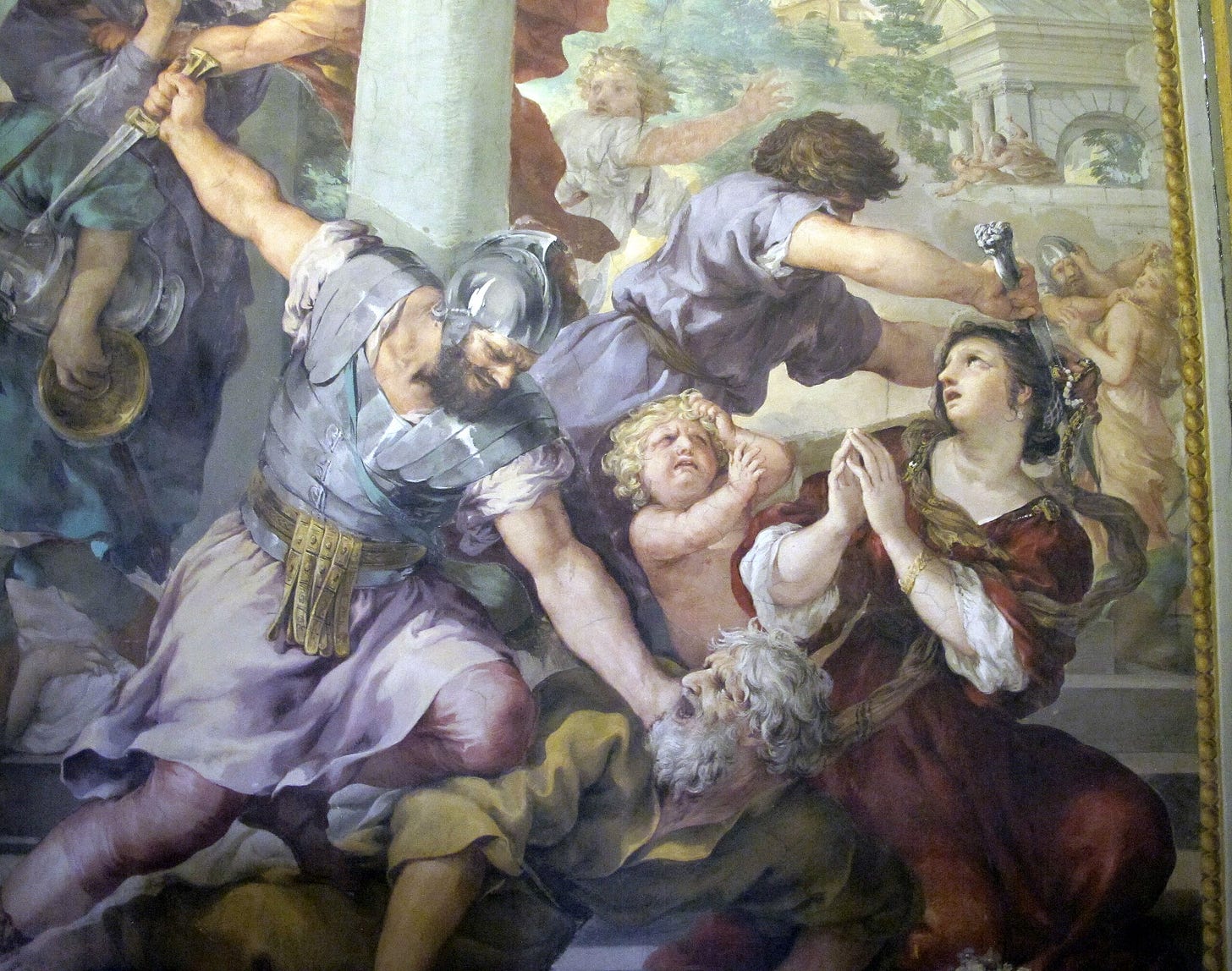 Tableau représentant l'Äge de Fer. Des soldats s'en prennent à un groupe composé d'un veillard, une femme et un enfant Tableau représentant l'Äge de Fer. Des soldats s'en prennent à un groupe composé d'un veillard, une femme et un enfant