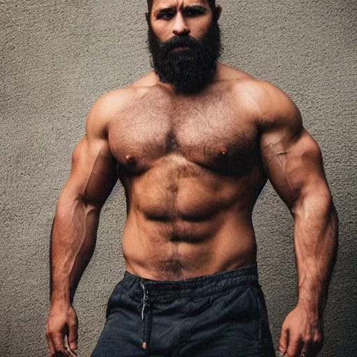 AI Image Generator: Realistic bearded man with a sixpack and hard muscles  exposed