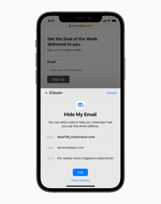 Hide My Email lets users share unique, random email addresses that forward to their personal inbox anytime they wish to keep their personal email address private. Hide My Email lets users share unique, random email addresses that forward to their personal inbox anytime they wish to keep their personal email address private.